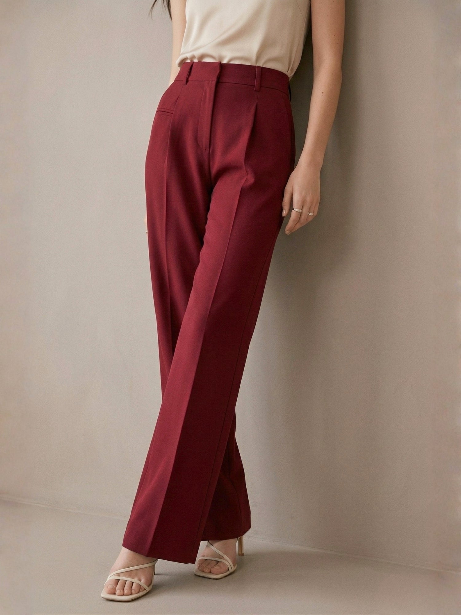 Red High Waist Front Pleated Pants