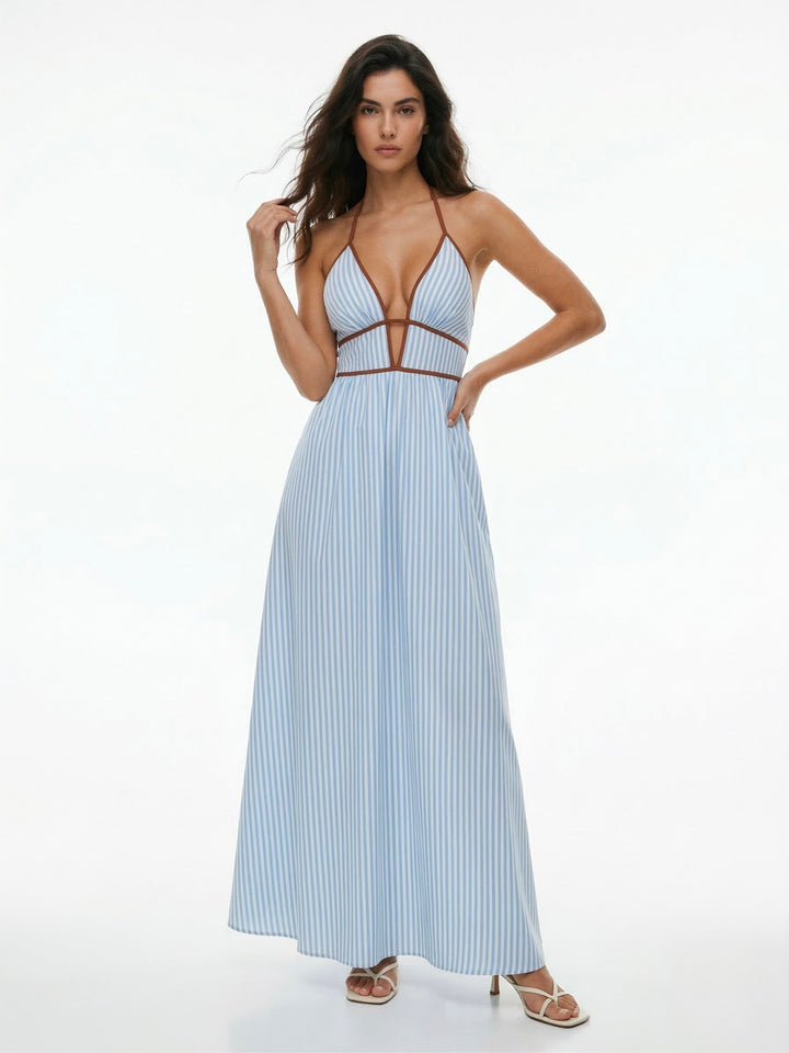 Blue Halter Neck V Plunging Neck Striped Dress