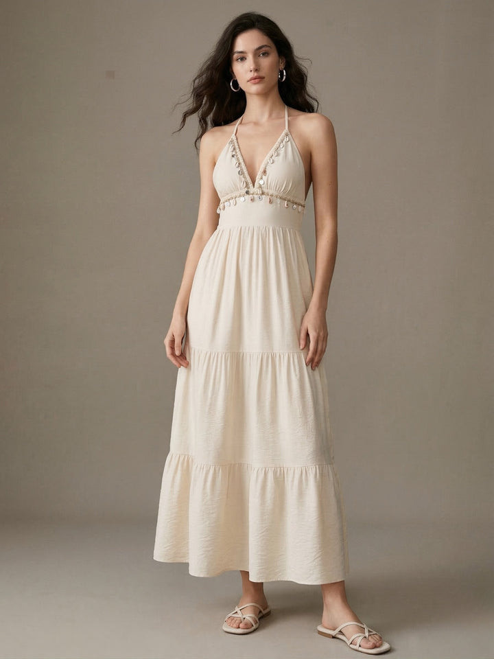 Cream Halter Neck Waist Fitted Tiered Dress
