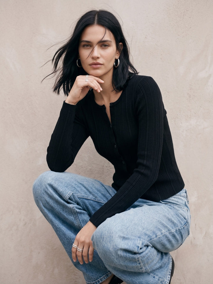 Black Button Down Cardigan Styled Top