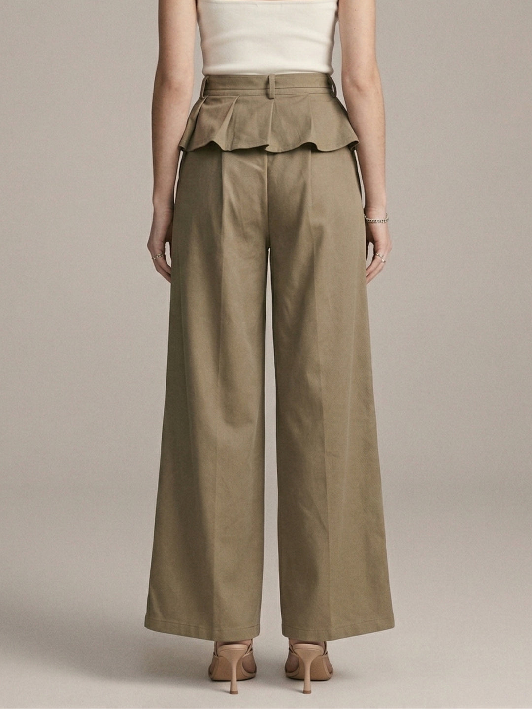Khaki High Waist Trouser With Skirt Detail