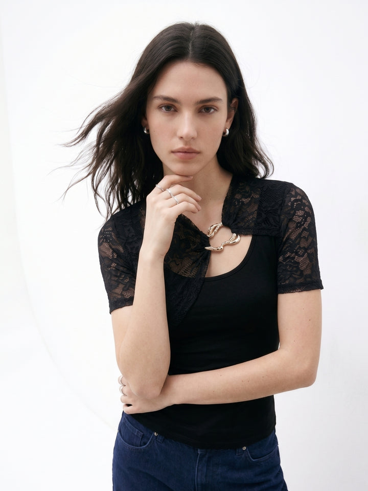 Black Lace Sleeve Buckle Detail Top