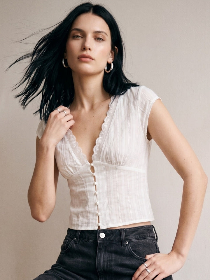White Button Down Blouse With Lace Inserts On The Neck