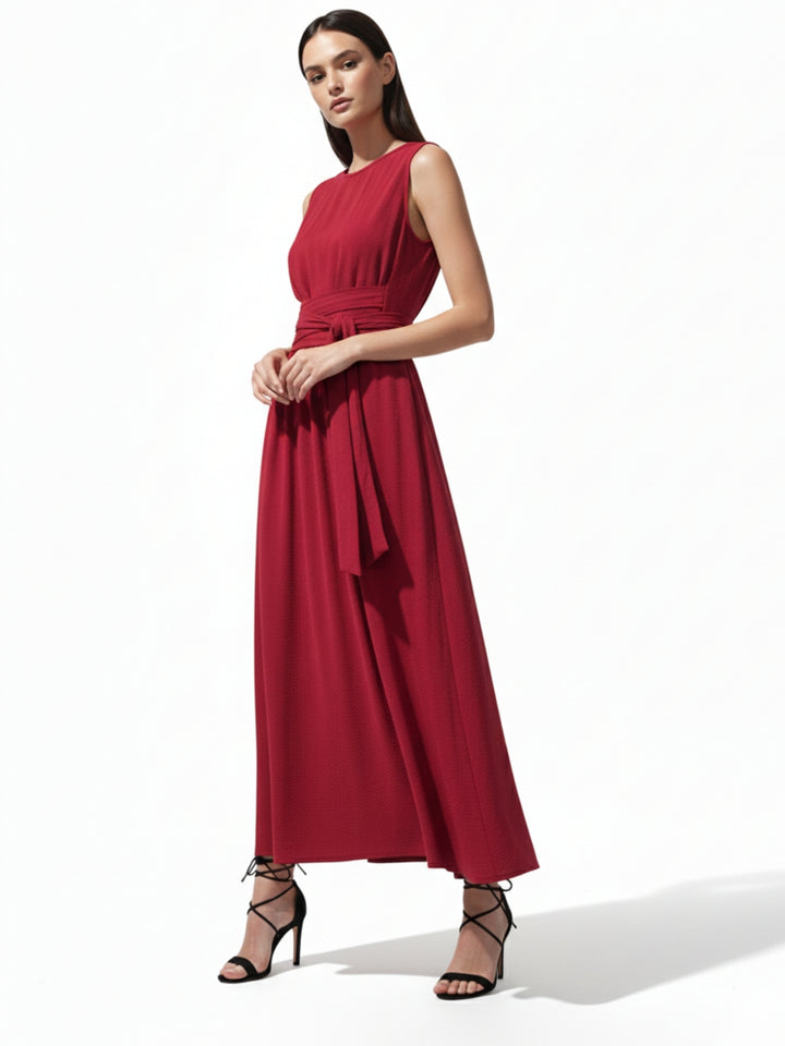 Red High Neck Twisted Tie Up At Waist Detail Dress