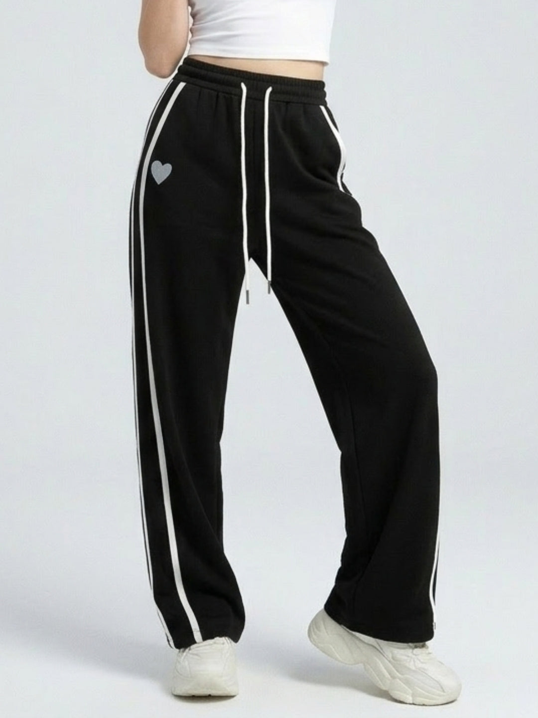 Solid Black Stripped Wide Leg Sweatpants