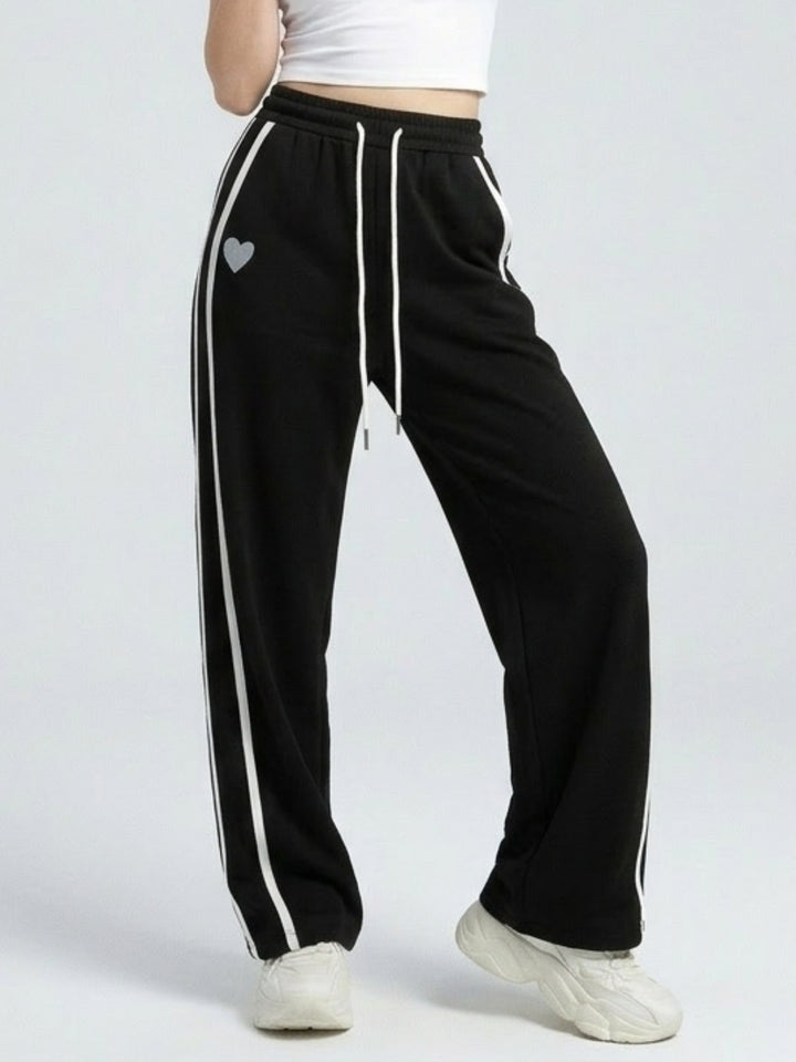 Solid Black Stripped Wide Leg Sweatpants