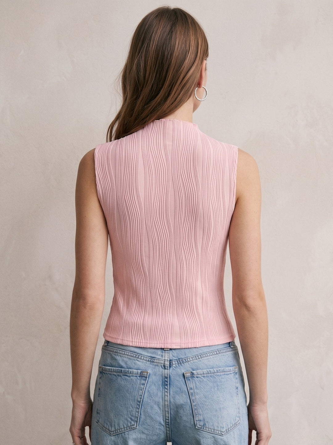 Pink High Neck Textured Tank With Embellishments