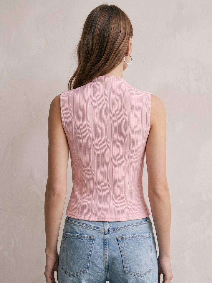 Pink High Neck Textured Tank With Embellishments