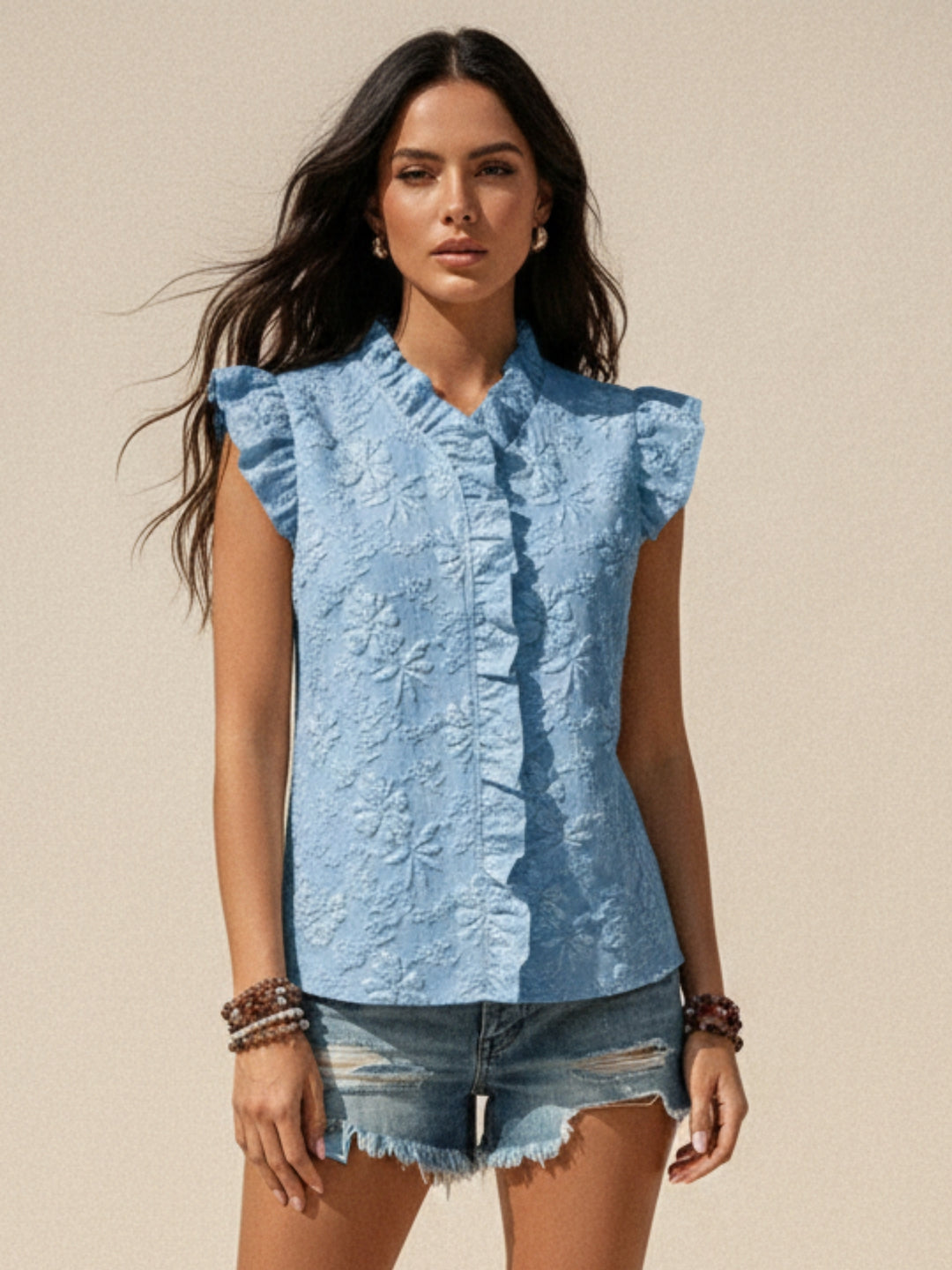 Blue Ruffle Neckline Textured Fabric Top