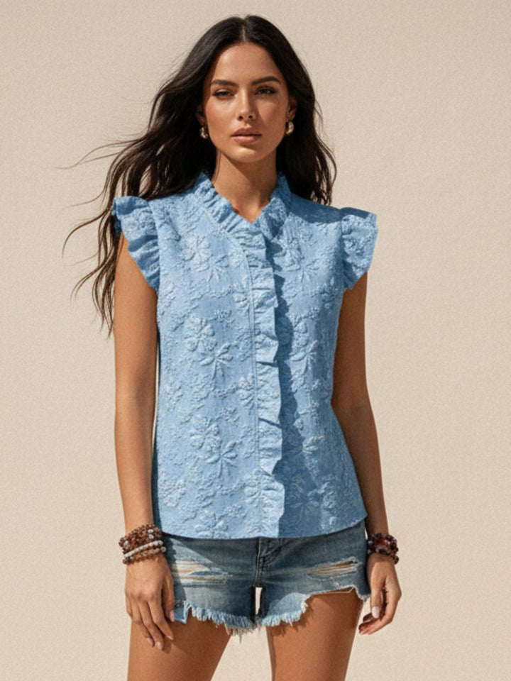 Blue Ruffle Neckline Textured Fabric Top