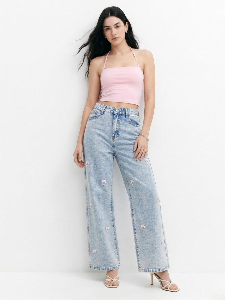 Blue Bow And Studs Detail Denim