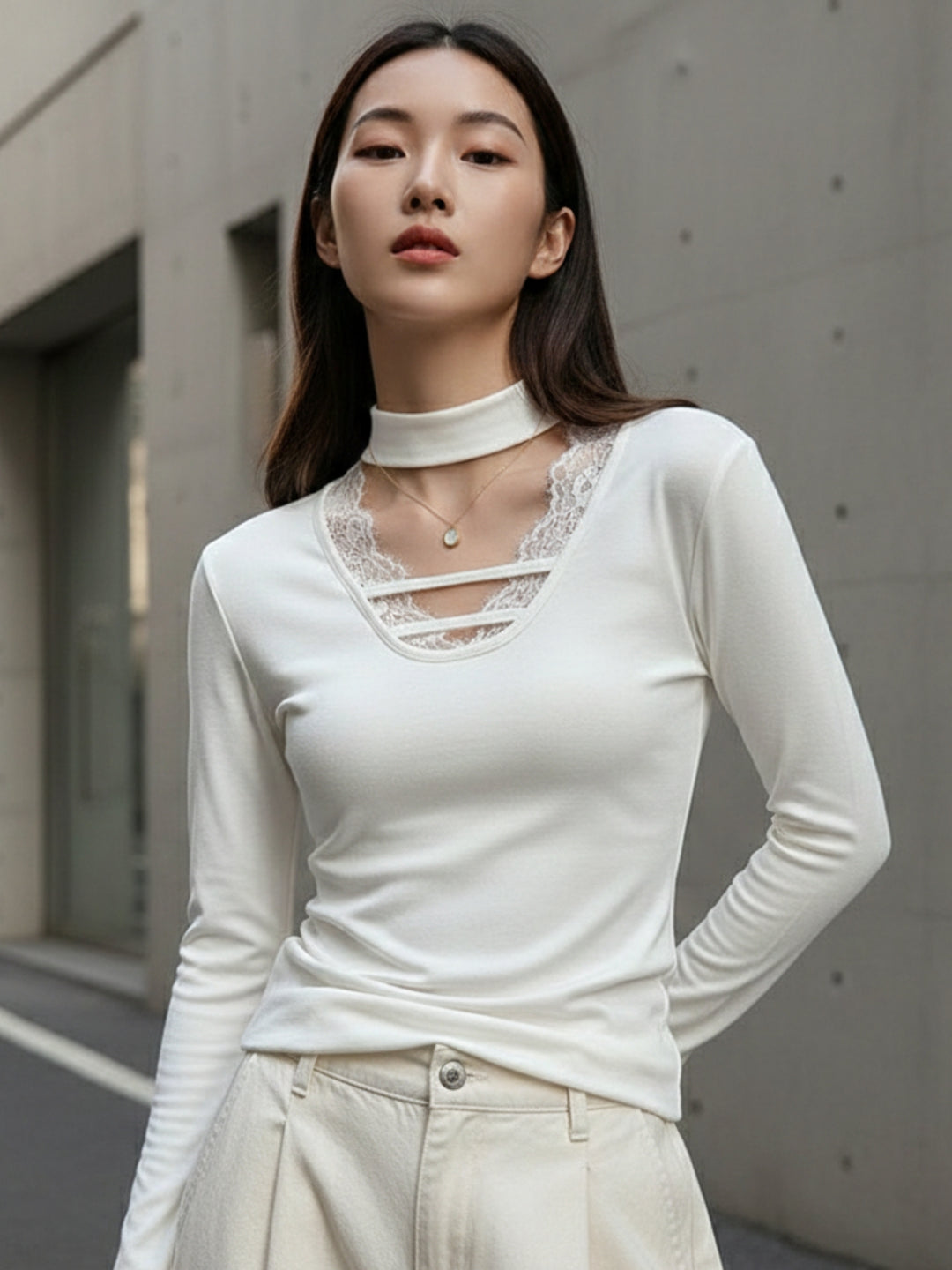 White Full Sleeve Neck Detail Fitted Top