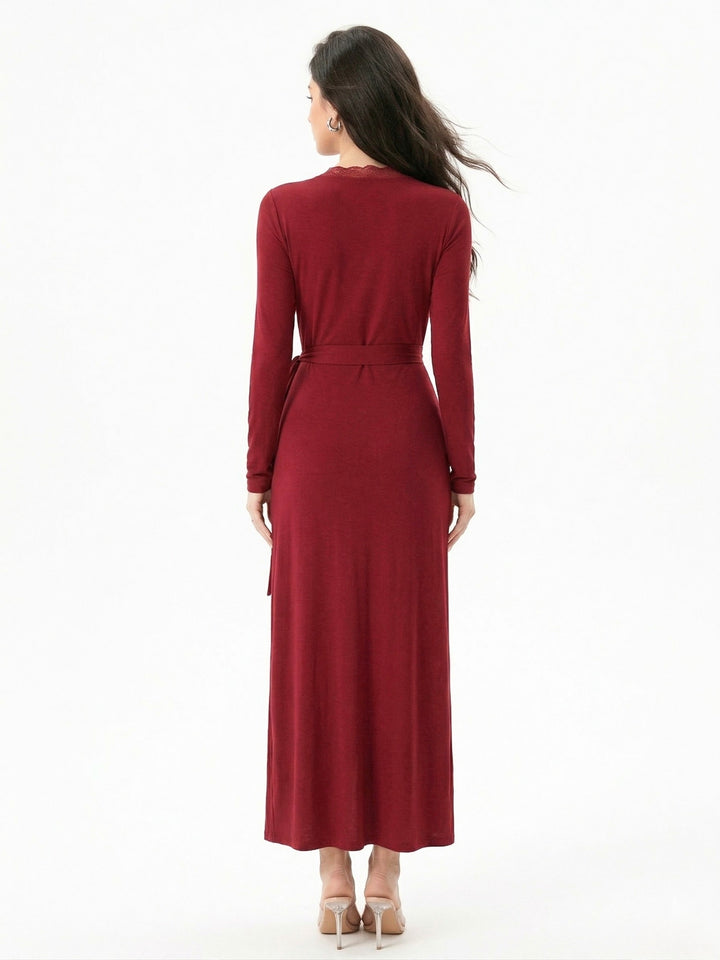Burgundy Plunge Neck Wrap Dress With Lace Inserts