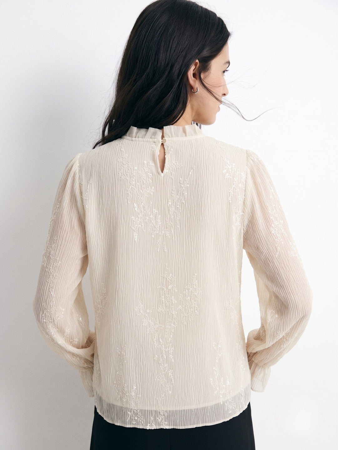 Off White High Neck Floral Lace Top With Sheer Sleeves