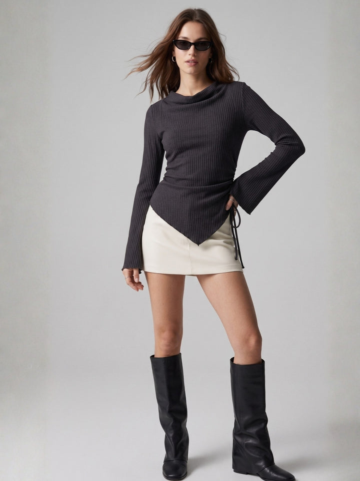 Black Bell Sleeve Side Ruched Top