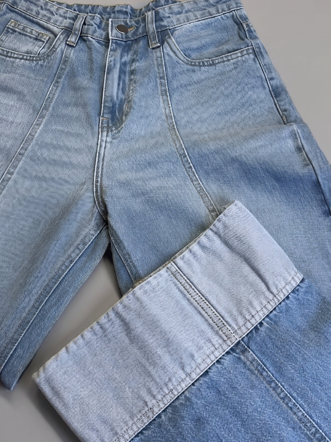 Blue Folded Hem Wide Leg Jeans