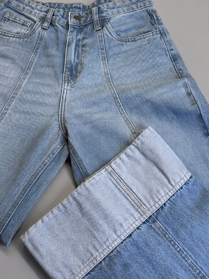 Blue Folded Hem Wide Leg Jeans