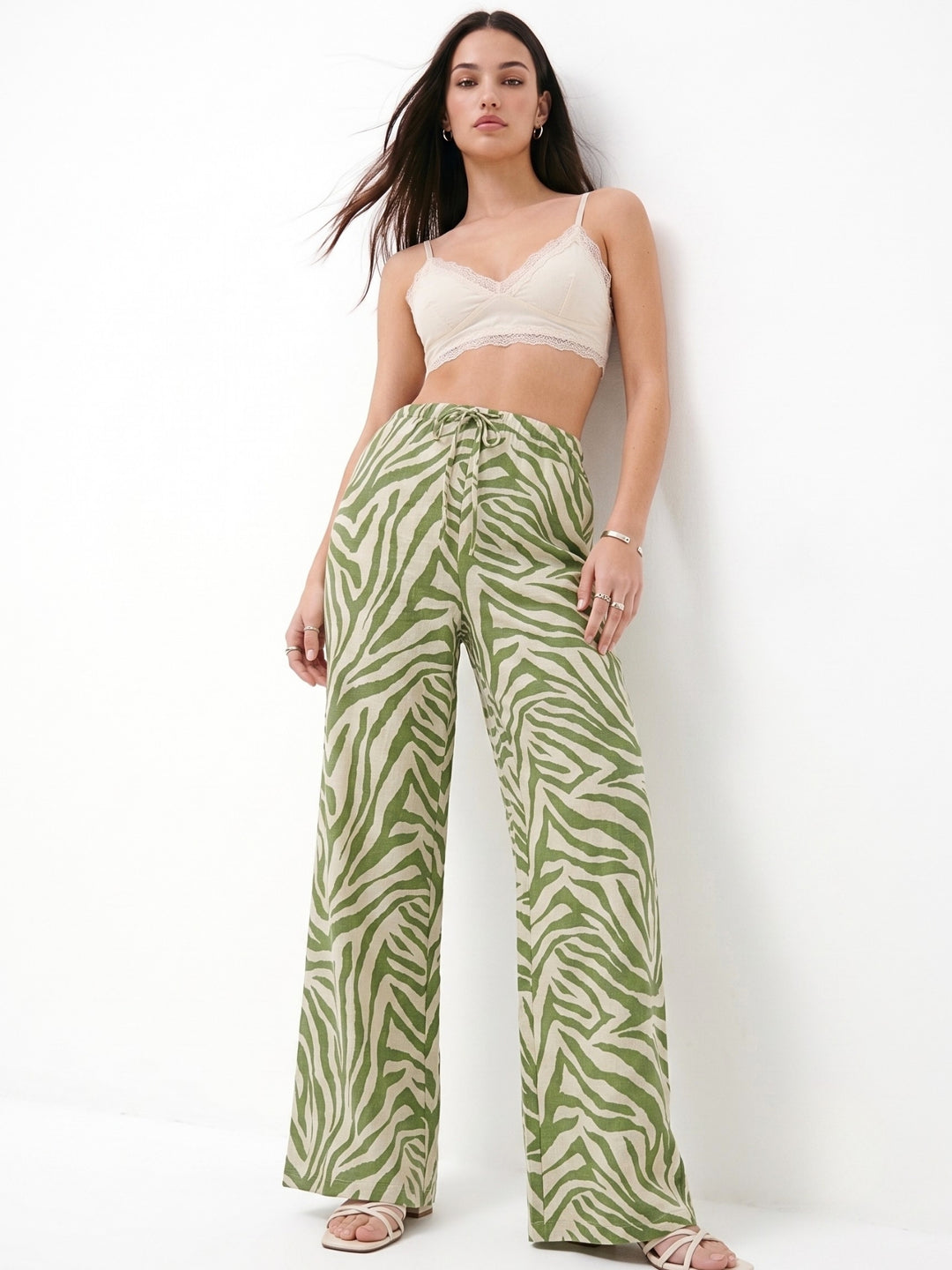 Green Animal Printed Wide Leg Trousers