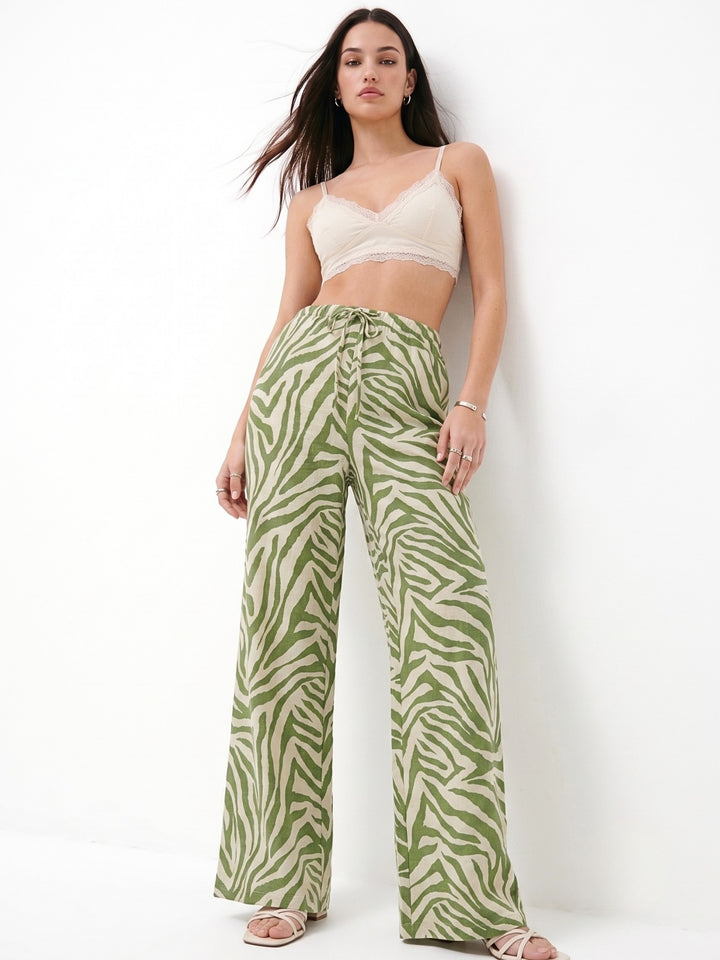 Green Animal Printed Wide Leg Trousers