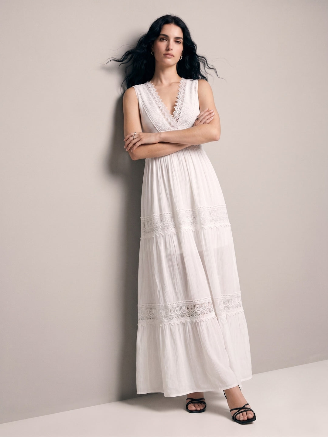 White Plunge Neck Lace Inserts Dress