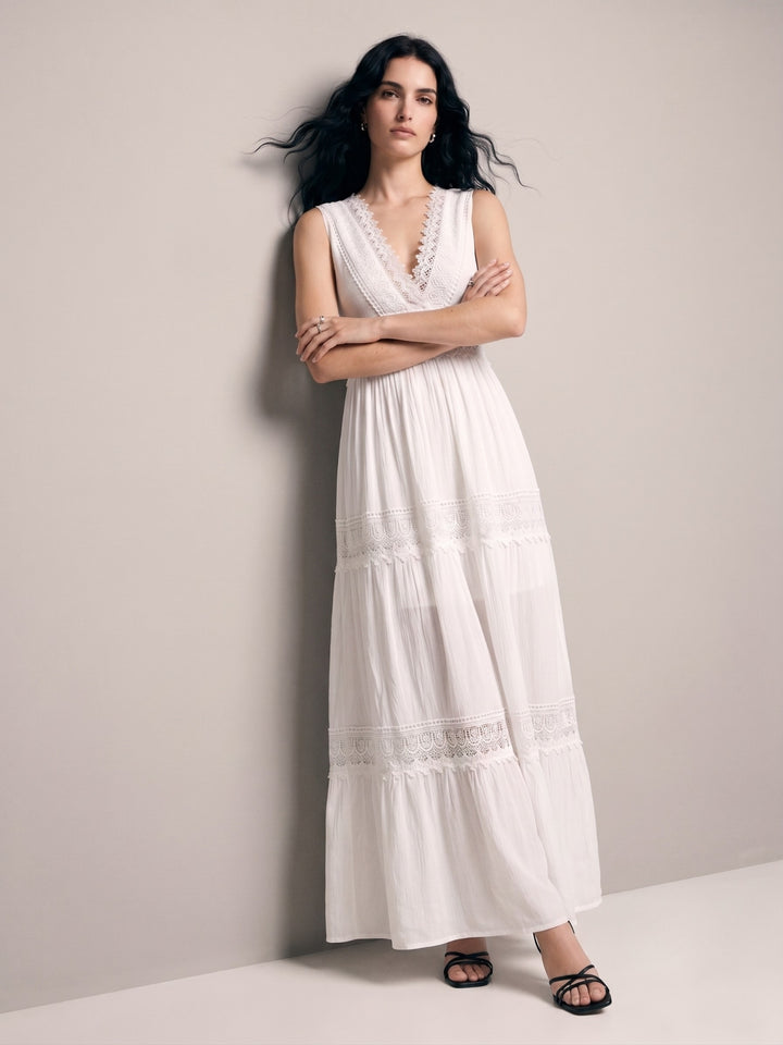 White Plunge Neck Lace Inserts Dress