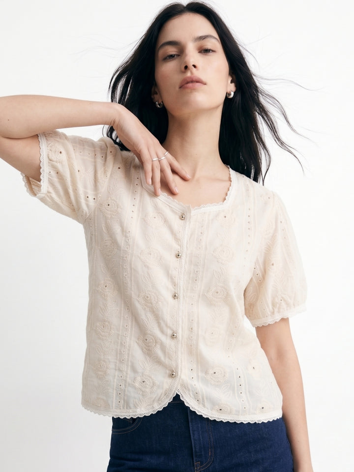 Cream Textured Lace Detail Front Buttoned Top