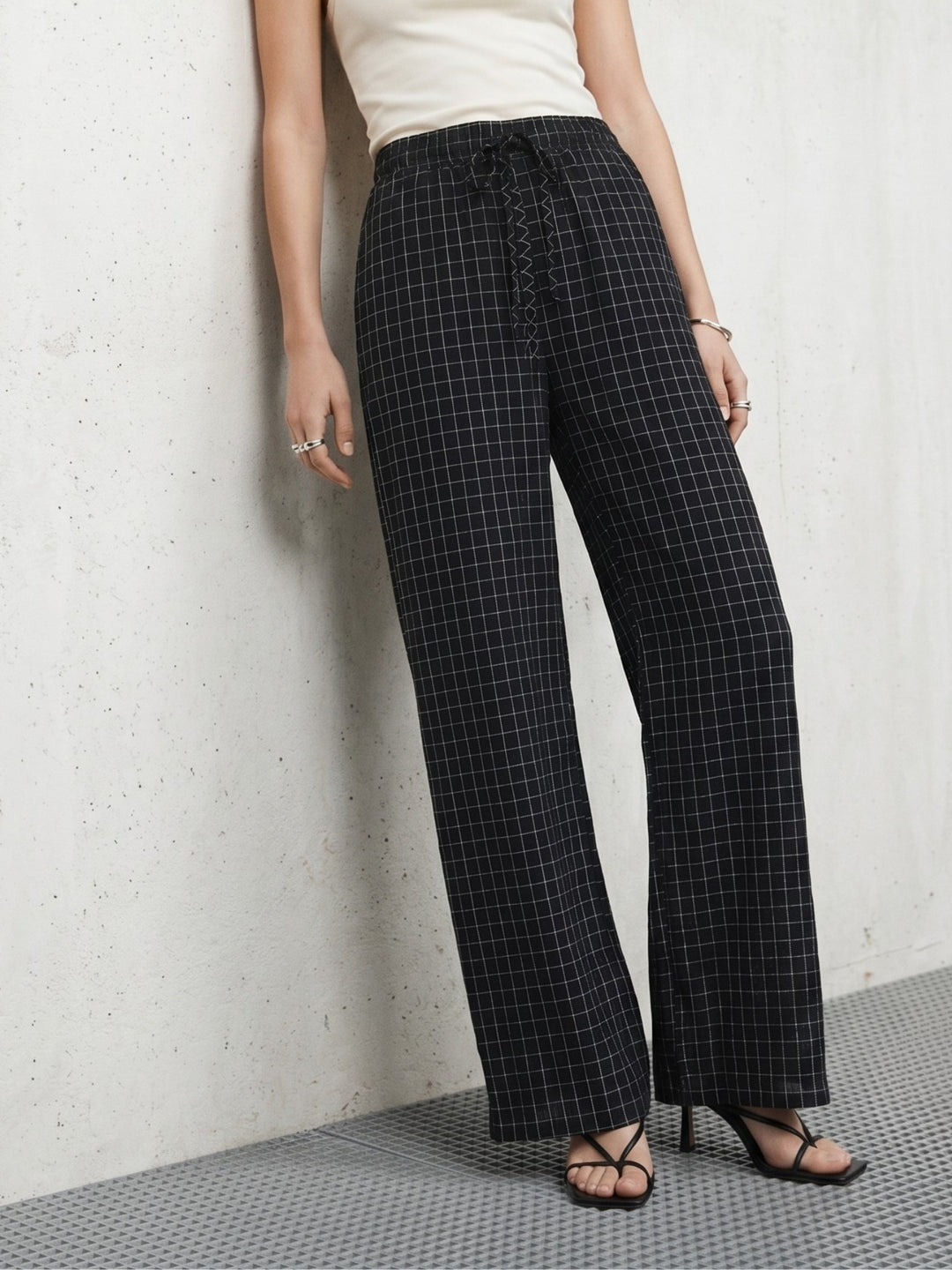 Navy Blue Checkered Elasticated Waistband Trouser