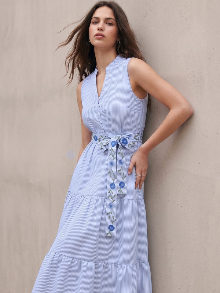 Blue Flared Tiered Stripe Shirt Dress With Embroidered Belt