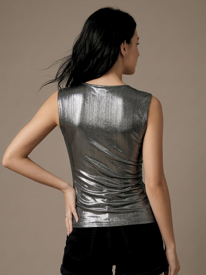 Silver Sleeveless Waist Gathered Top