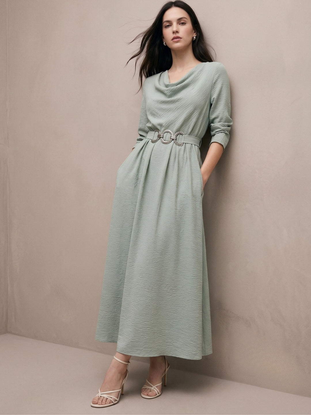 Mint Cowl Neck Dress With Metal Trim Belt Detail