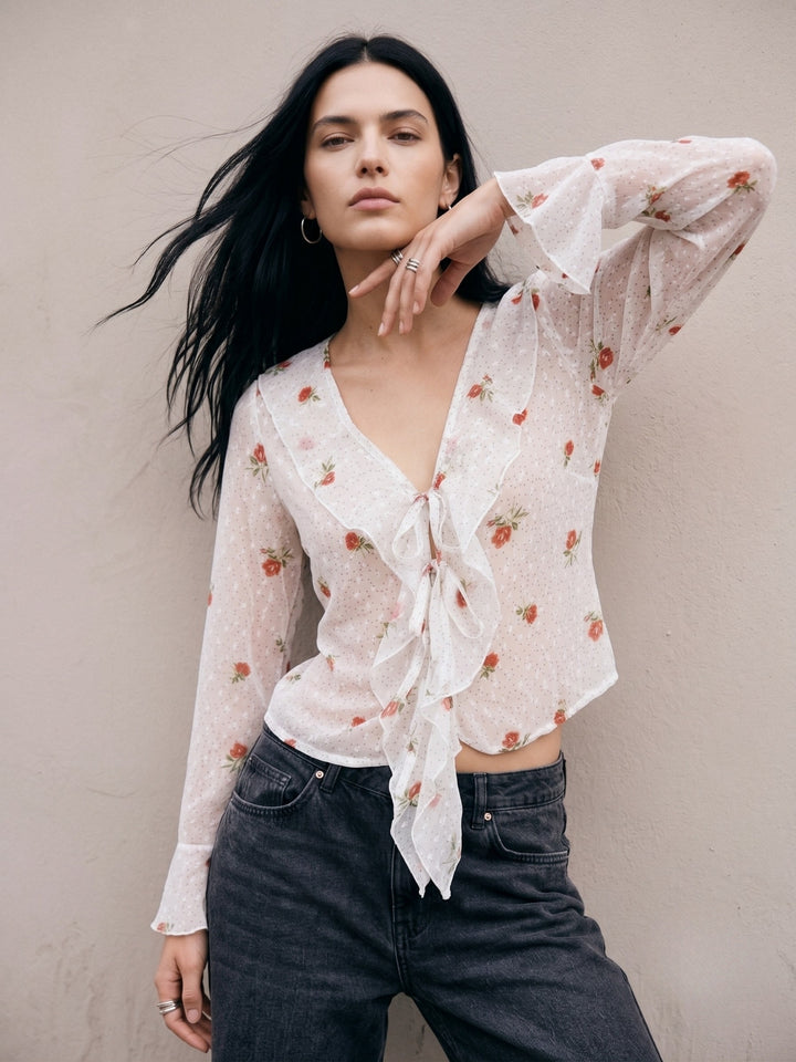 White All Over Printed Front Open Styled Top