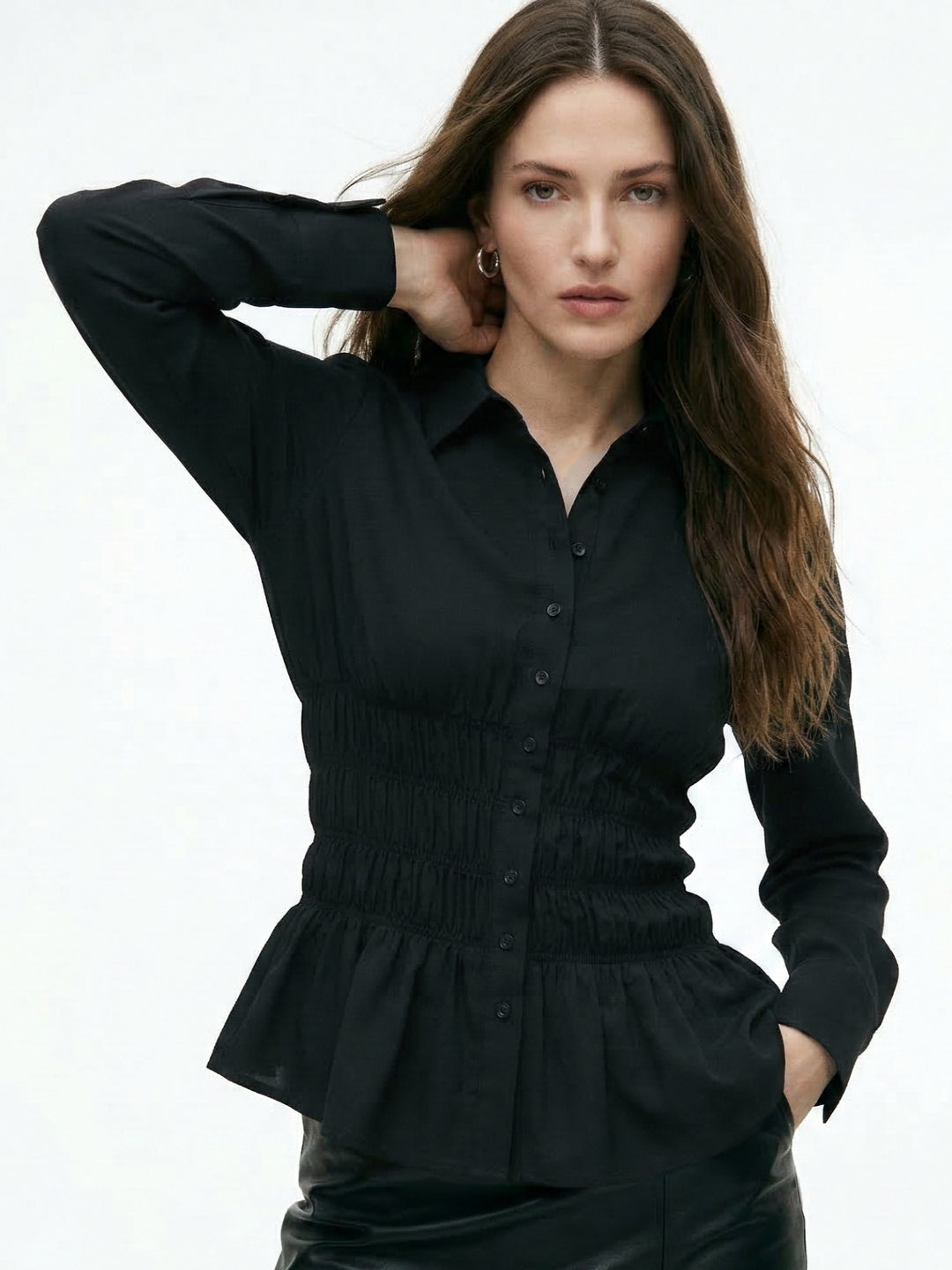 Black Full Sleeve Shirt With Smocking Details At Waist