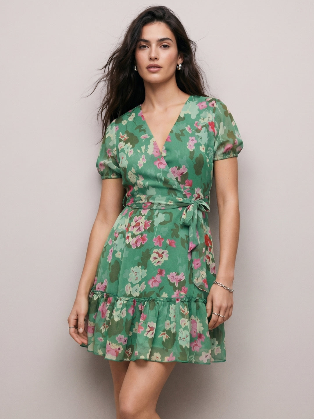 Green Mini Length Tiered Printed Dress