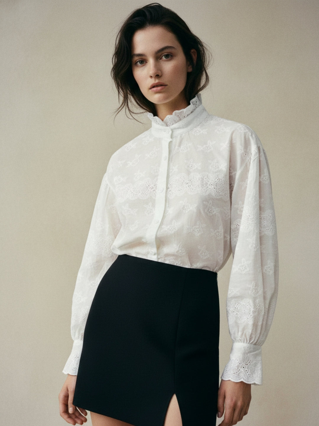 Off White Textured Ruffle Neck Top