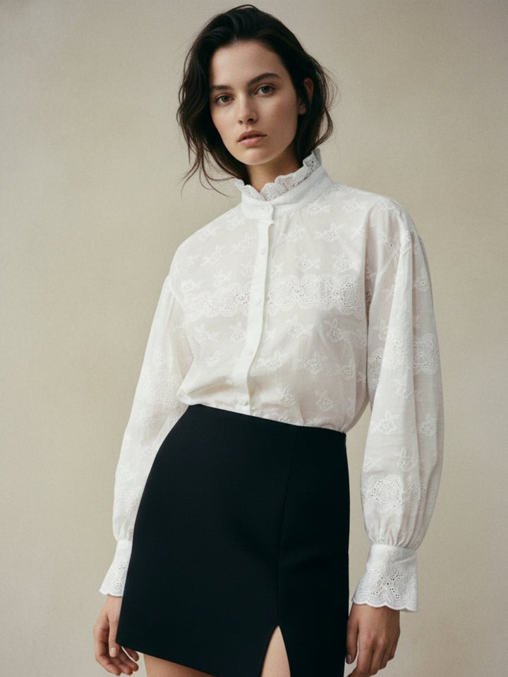Off White Textured Ruffle Neck Top