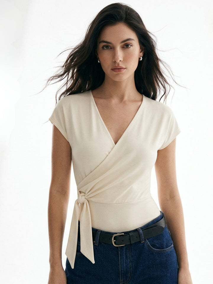 Cream Cap Sleeve V Neck Bodysuits