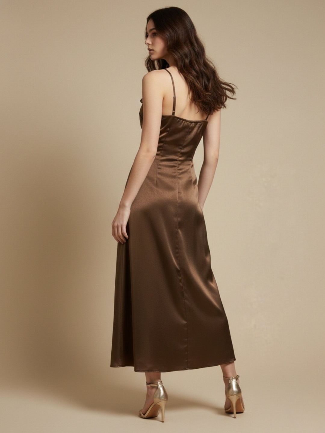 Brown Spaghetti Straps With  3D Floral Embellished Neckline Dress
