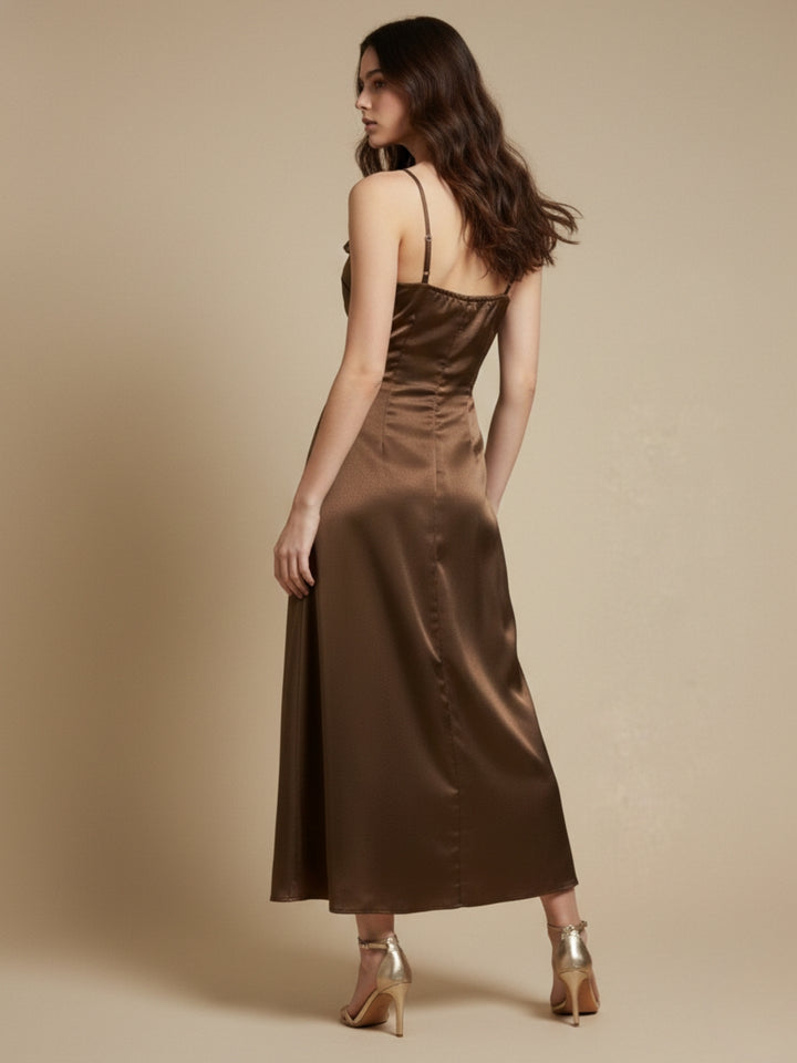 Brown Spaghetti Straps With  3D Floral Embellished Neckline Dress