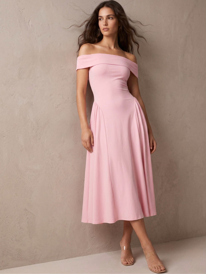 Pink Off Shoulder Tailored Flouncy Dress