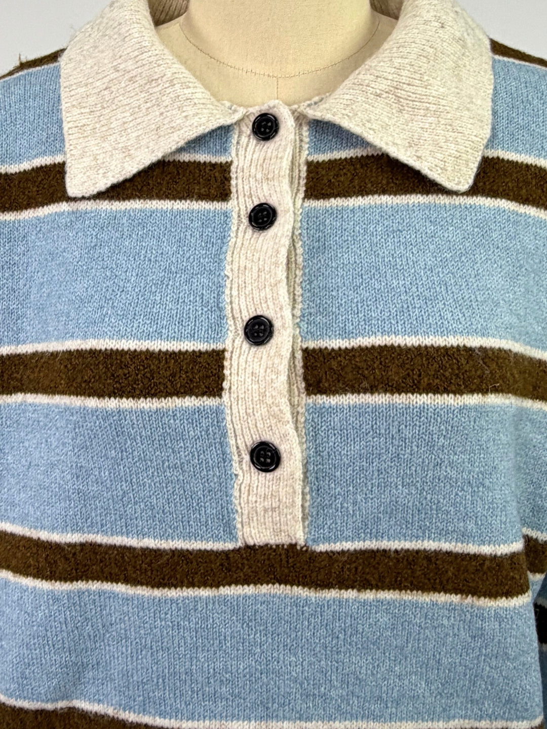 Blue Thick Striped Button Down Collared Sweater