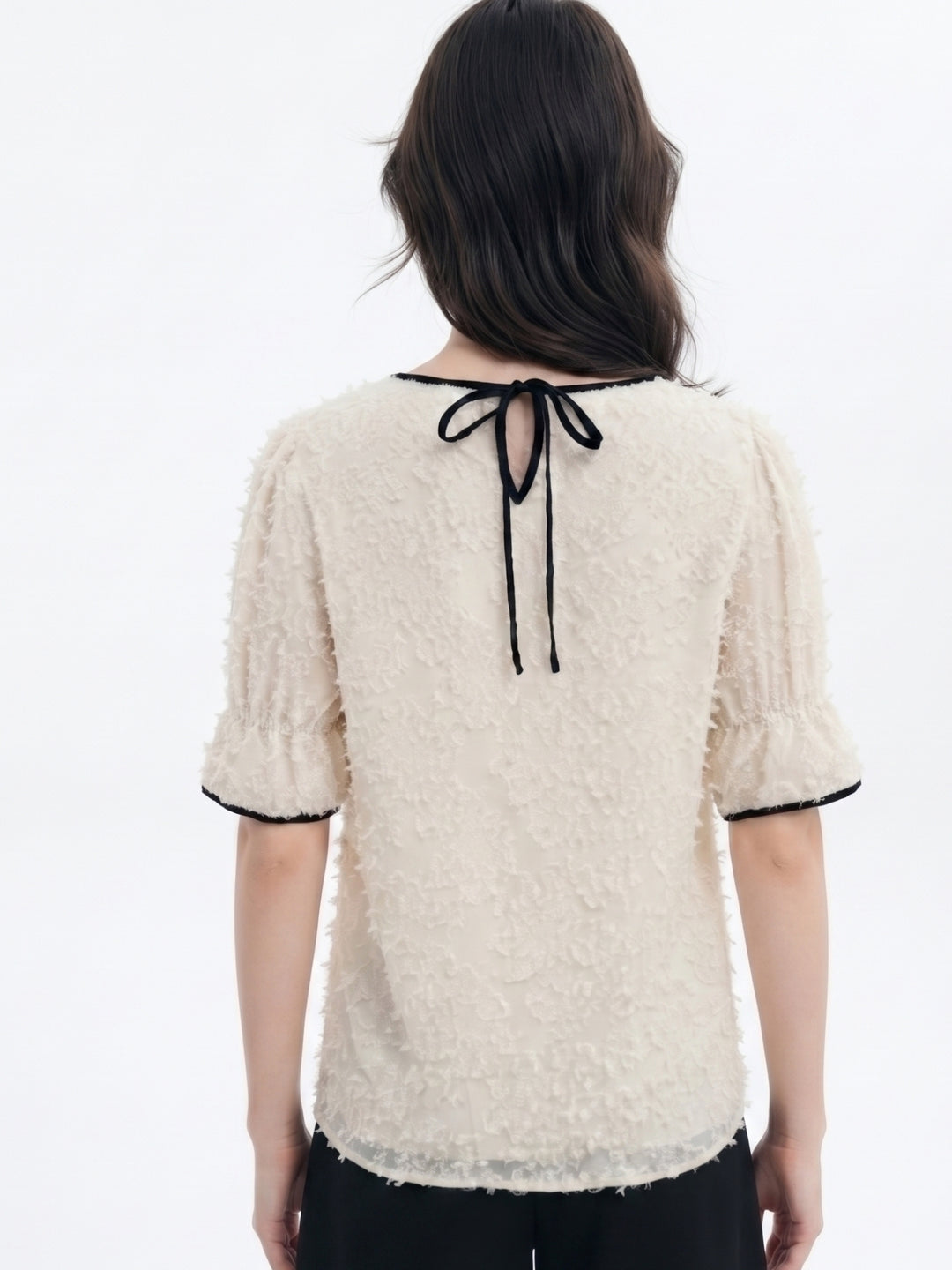 Off White Bishop Sleeve Contrast Edge Textured Top