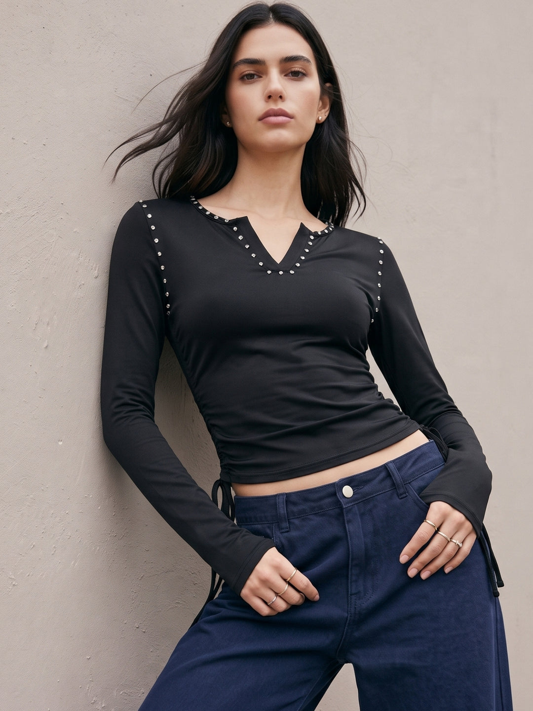 Black Studded V Neck Top With Side Ruching