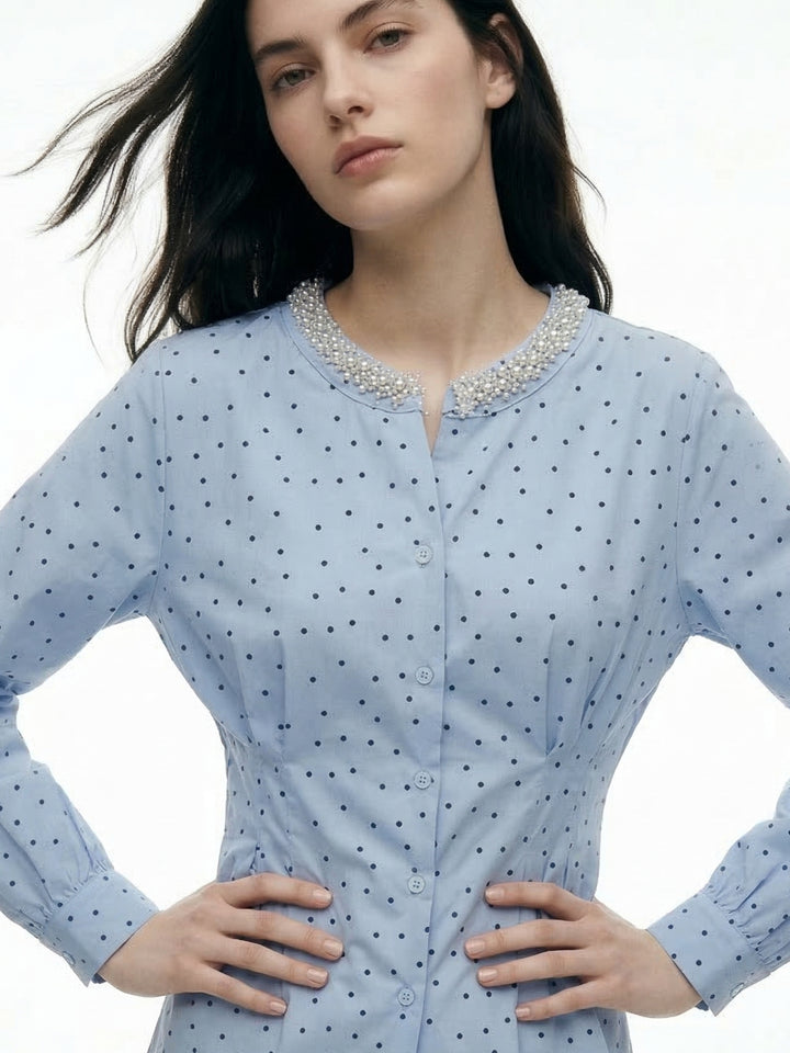 Light Blue Waist Fitted Stone Studded Top