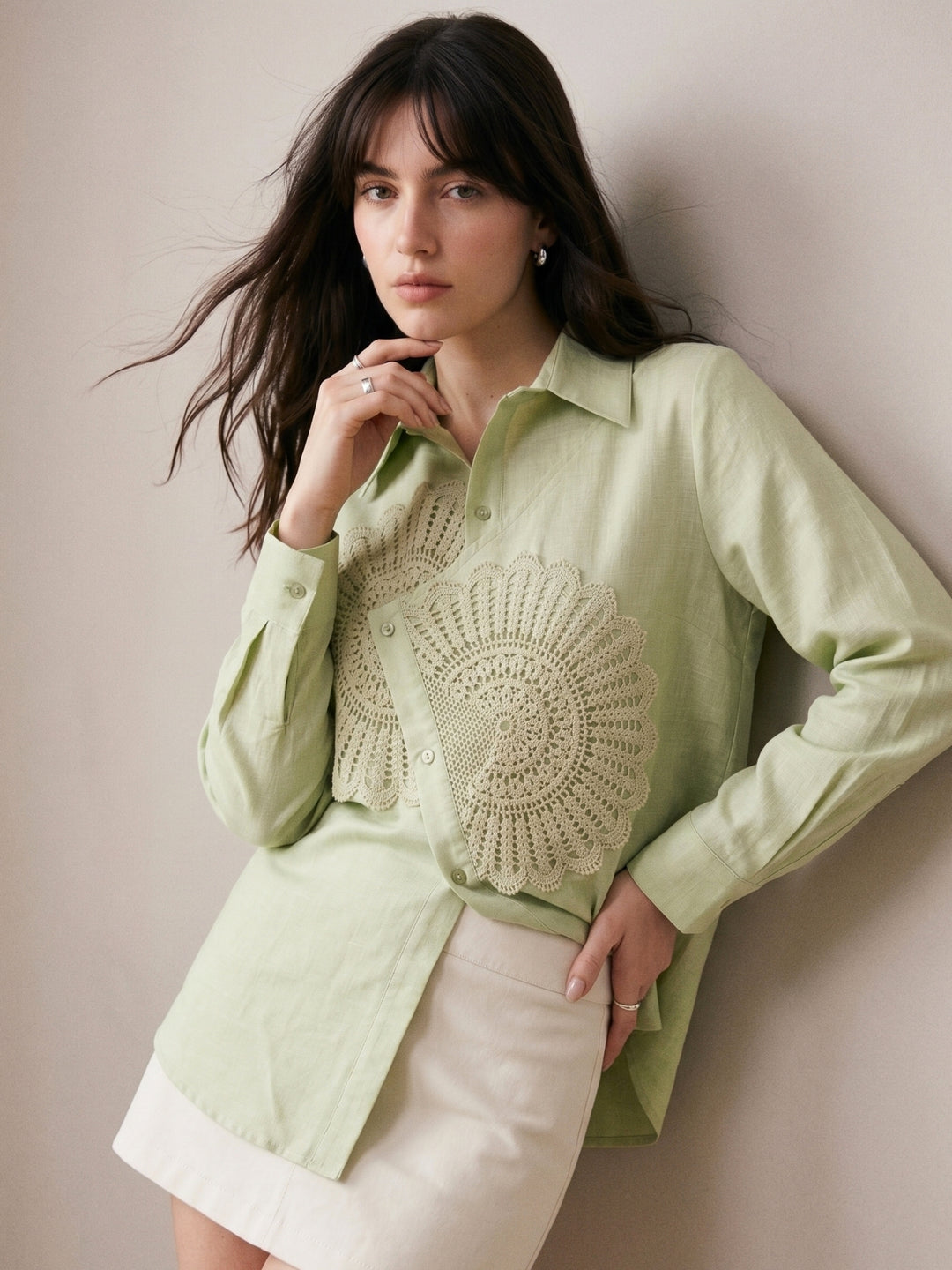 Sea Green Relaxed Fit Shirt With Assymetric Center Front And Lace Patch Detail