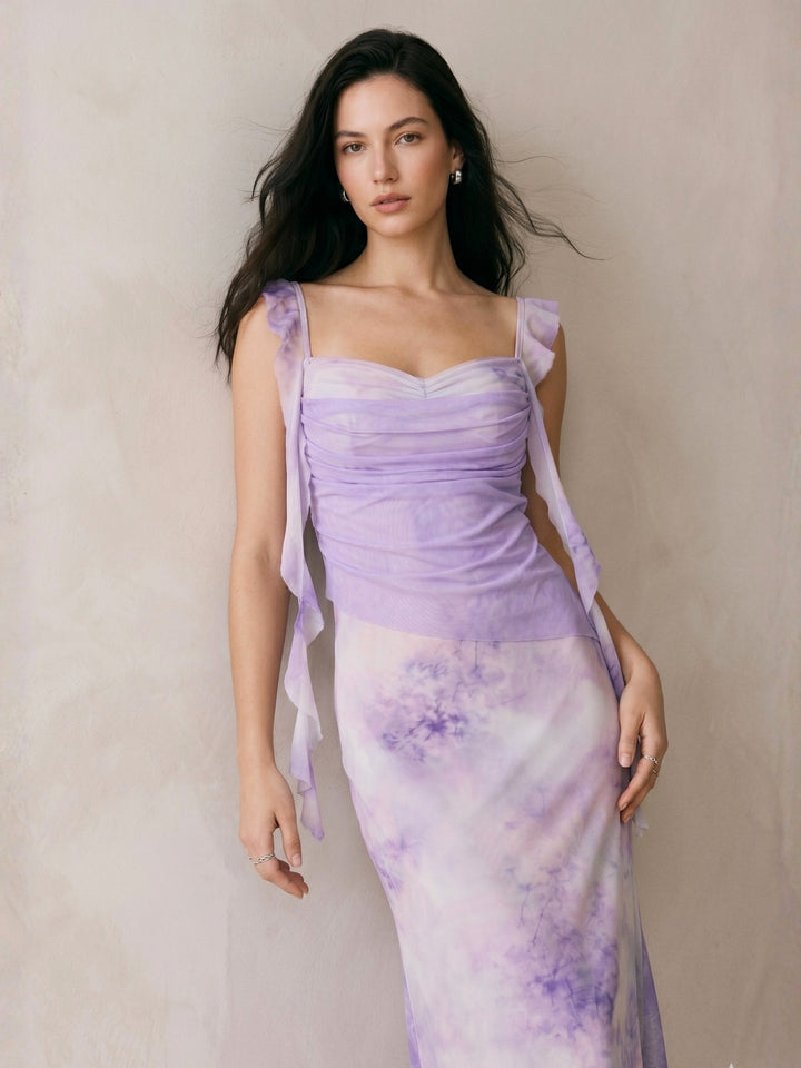 Lavender Cowl Neck Floral Printed Mesh Dress