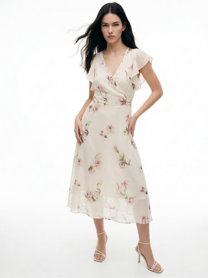 White Flutter Sleeved Printed Midi