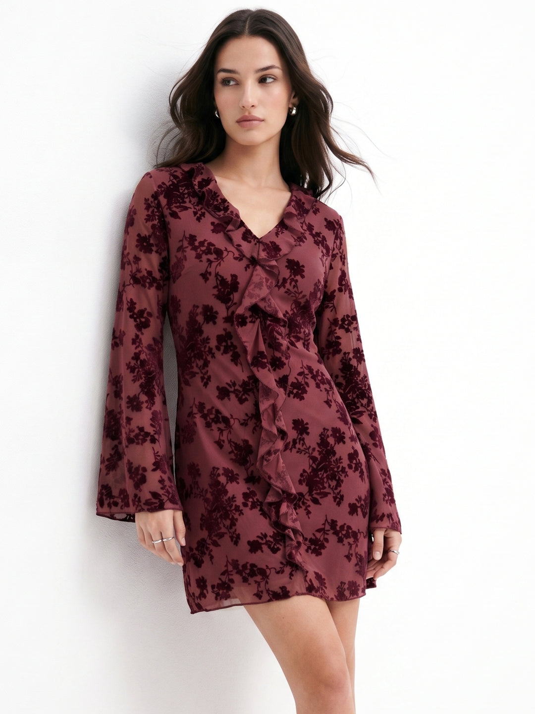 Wine Floral Mesh Ruffle Detail Dress
