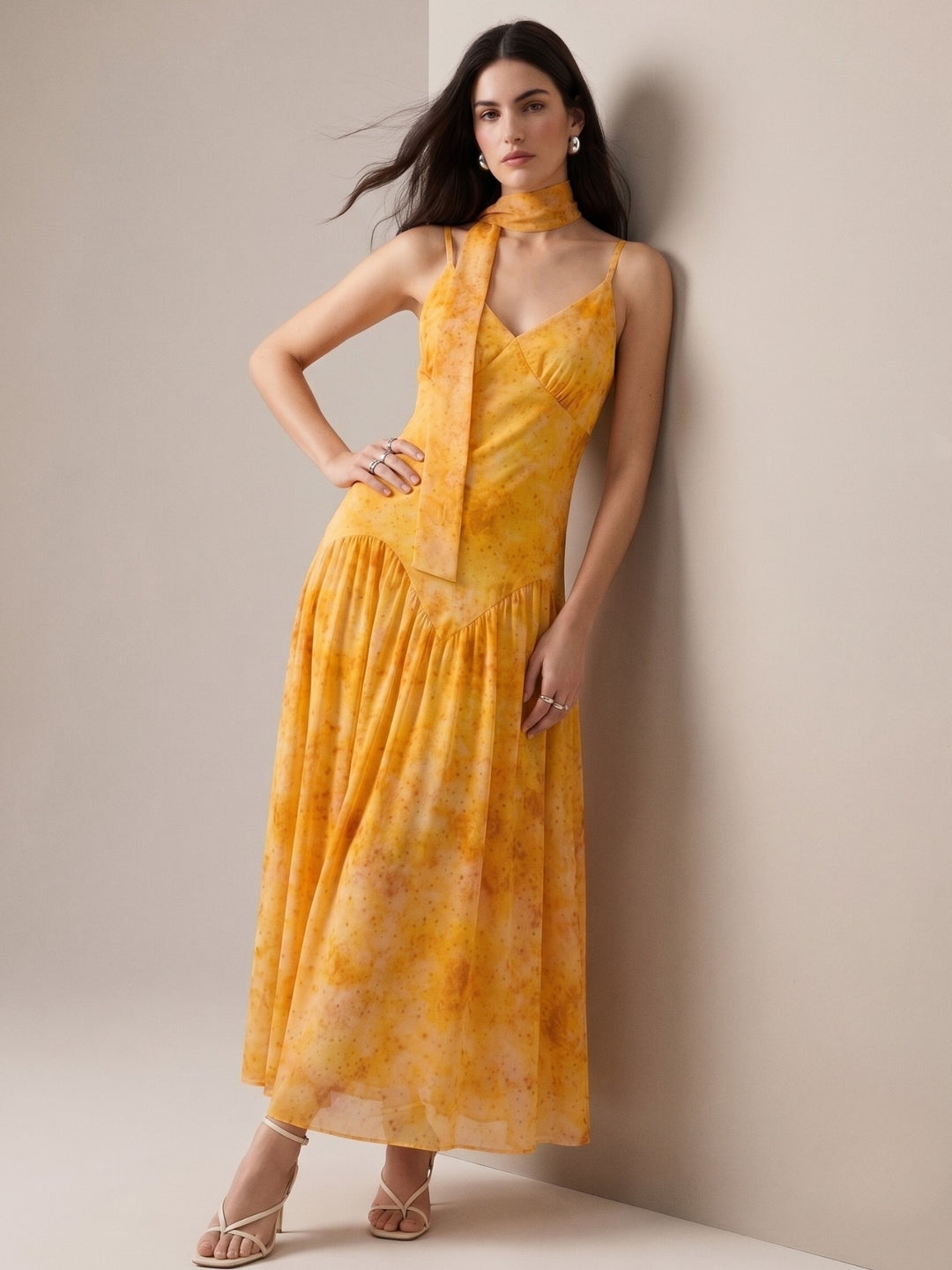 Mustard Printed Drop Waist Dress With Scarf Detail