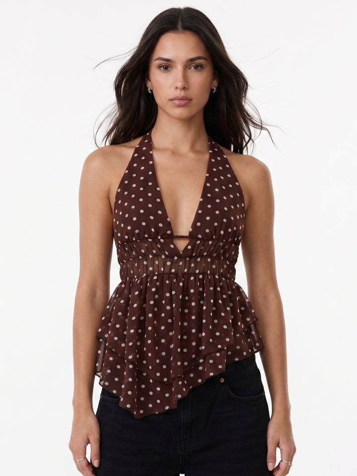 Brown Halter Neck Polka Top