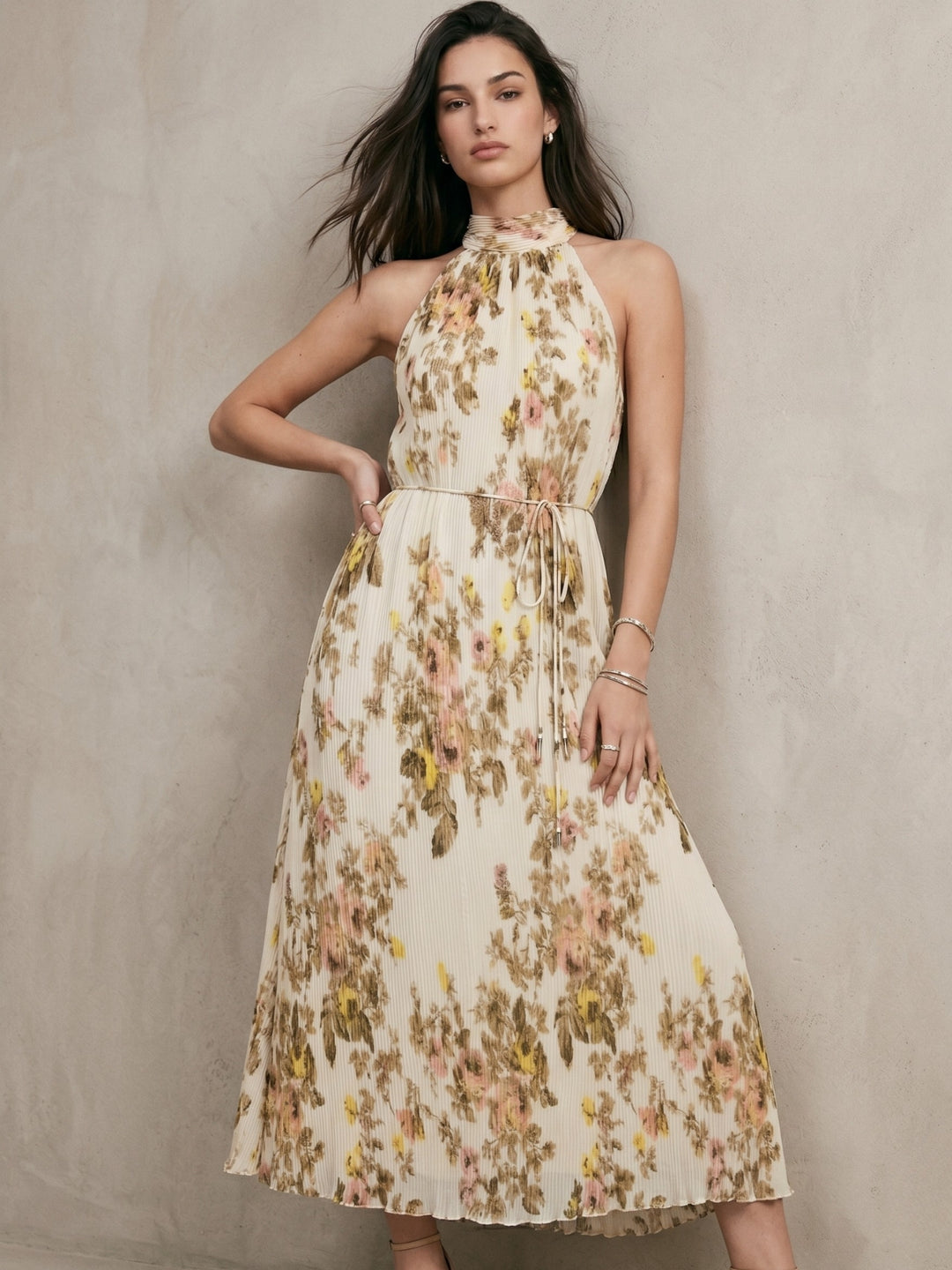 Beige Black Halter Neck Floral Printed Dress